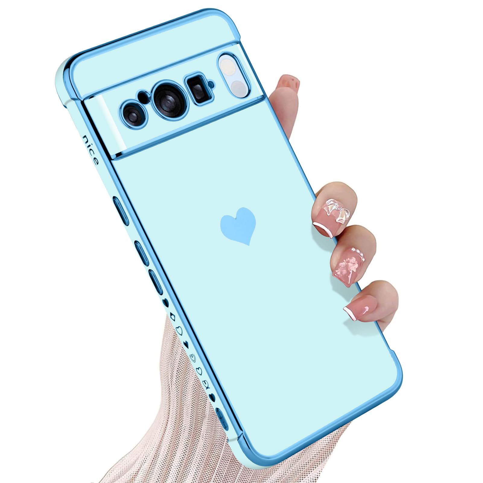 KANGHAR Compatible with Google Pixel 8 Pro 5G Case for Women Girl, Plating Edge Cute Love Heart Soft TPU Bumper with 4 Corners Shockproof Protection Phone Case Cover for Pixel 8 Pro Pro 5G(Blue)