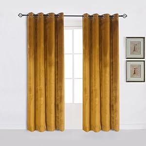 Super Soft Luxury Velvet Set of 2 Warm Yellow Blackout Energy Efficient Grommet Curtain Panel Drapes Ginger Mustard Curtain Panels 52Wx84L(2 panels)