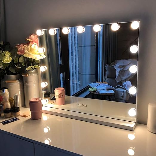 Amazon Com Fenchilin Large Vanity Mirror With Lights Hollywood Lighted Makeup Mirror With 15 Dimmable Led Bulbs For Dressing Room Bedroom Tabletop Or Wall Mounted Slim Metal Frame Design White Beauty