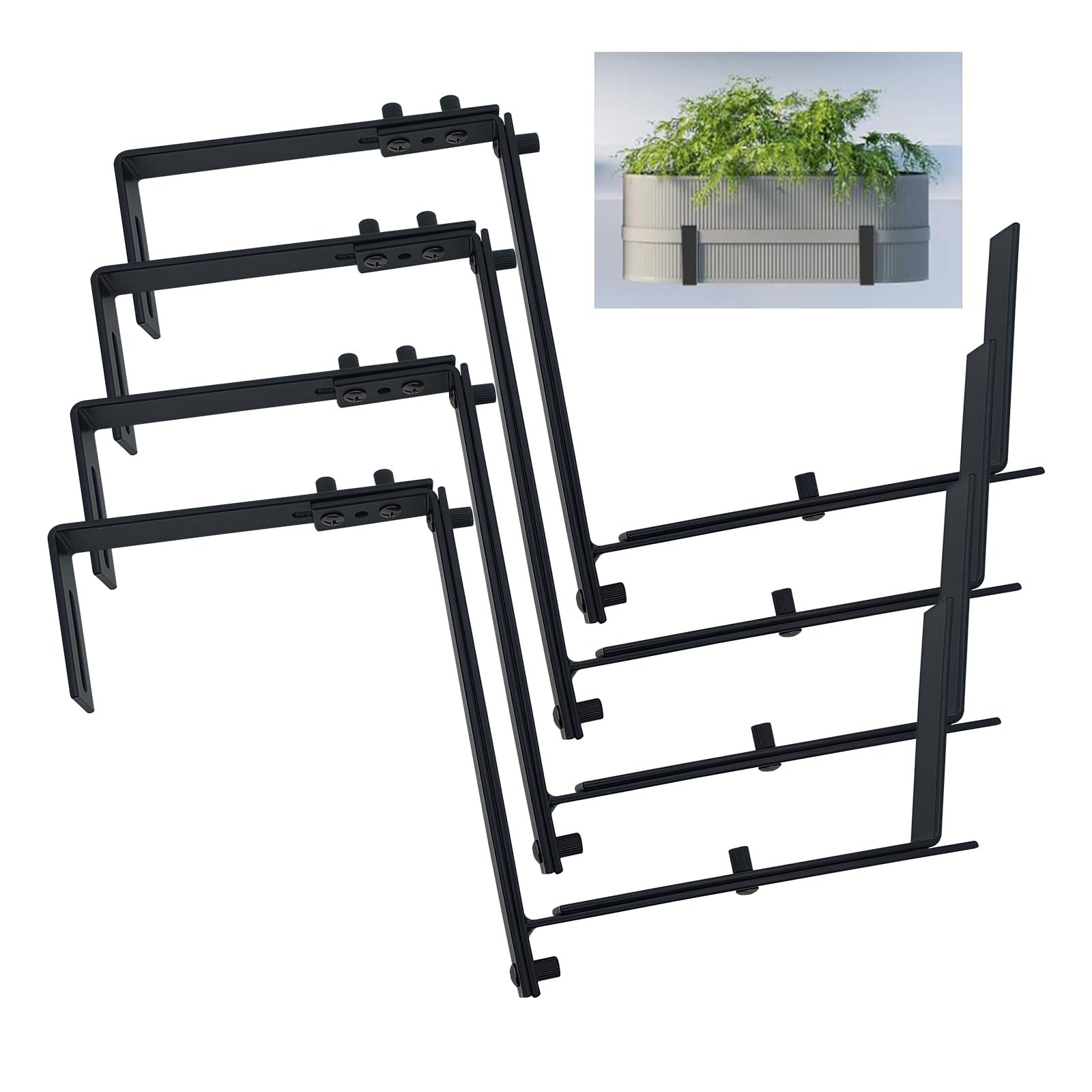 ANMOO 4PCS No Drill Planter Bracket, Adjustable 6-12.5 Inch Metal Hanging Holder for Window Sill Balcony Garden Fence Railing, Flower Plant Pot Holder (Black,4 Pack)