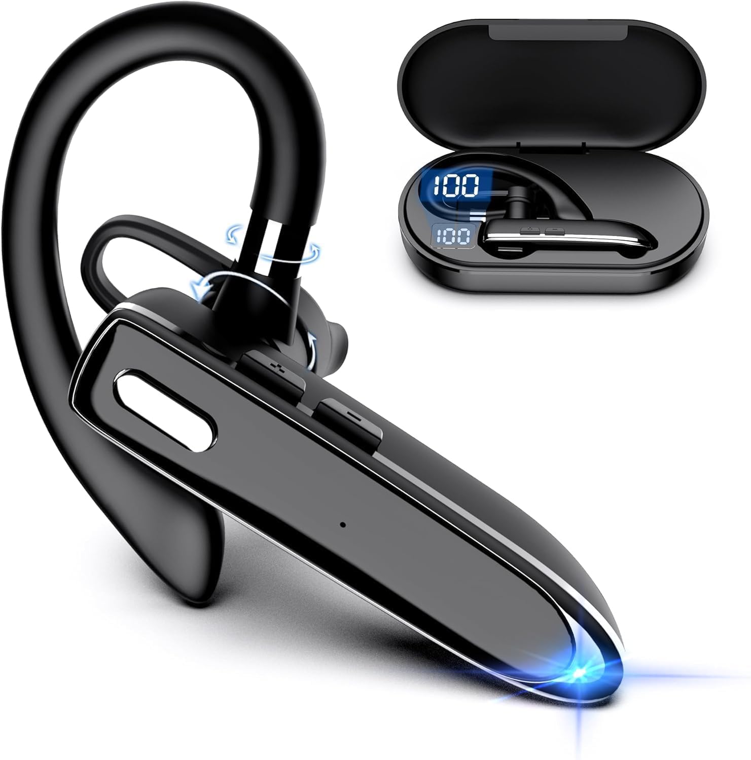 Single Ear Bluetooth Earpiece for Business, Wireless Headset with Microphone, Mono Bluetooth Earbud with 800mAh Charging Case, 100H Standby Time, Wireless Earphone for Office, Driving