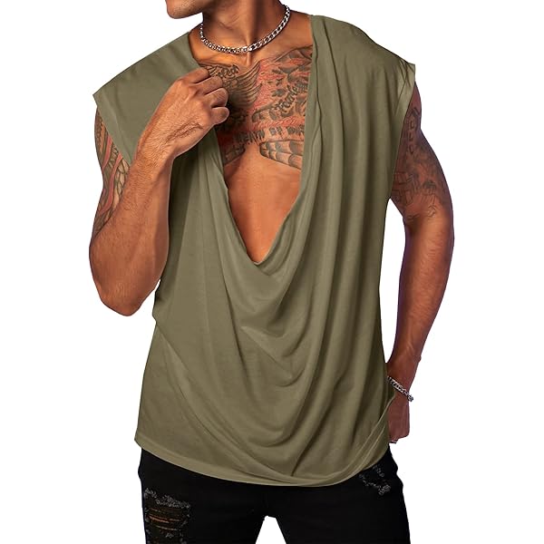 Oversized Summer Tops Men Solid Cowl Neck Sexy Sleeveless Casual