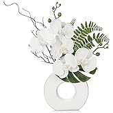 Briful Orchid Artificial Flowers 16.1'' White Orchid Silk Flowers with Ceramic Vase Faux Orchid Arrangement for Home Office Table Centerpiece Indoor Decoration