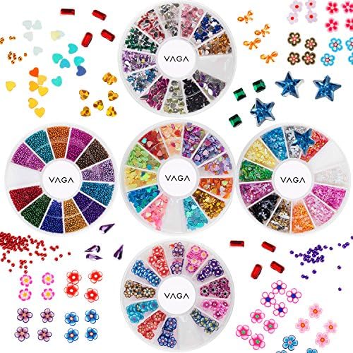 3D Nail Art Manicure Designs Set of 5 Wheels With Colorful Bowties Crystals Rhinestones Gems, Caviars Pearls Beads In Different Colors, Hearts and Flowers Shaped Fimo Decorations Pieces Slices