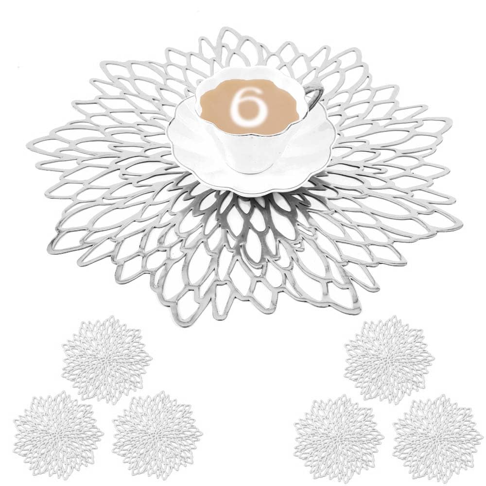 Mangata Silver Placemats and Coaster Sets of 6, Round Table Placemats for Christmas, Wedding, Dinner Parties, Restaurant, Hotel, 38cm, 15.5inches