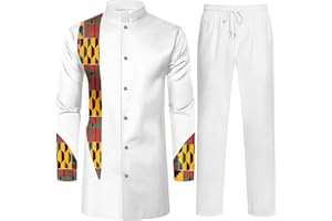SEA&ALP African Dashiki Suit for Men Kente Print Long Sleeve Outfit Clothing Shirts and Pants 2 Piece Traditional Attire
