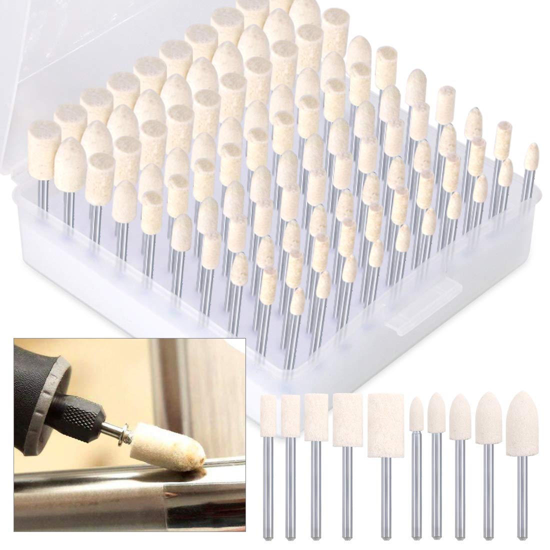 Keadic Pack of 100 Wool Felt Polishing Discs, Wool Felt Mounted Mandrel Polishing Set with 1/8 Inch Shaft Polishing Accessories, Rotary Tool Polishing Set for Metal Glass
