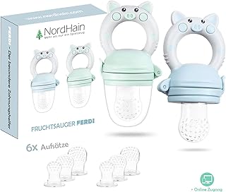 Nordhain Fruchtsauger Set 2020 Blau für glückliche Babys - helfender Freund für besonderes Geschmackserlebnis - schmerzlindernder Beißring & Fruchtschnuller zugleich