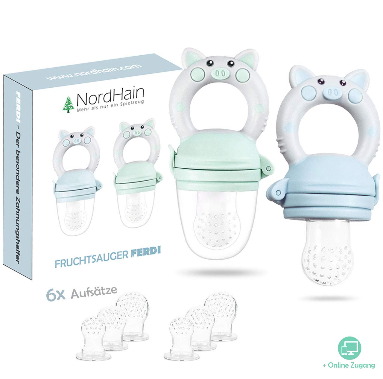 Nordhain Fruchtsauger Set 2020 Blau für glückliche Babys - helfender Freund für besonderes Geschmackserlebnis - schmerzlindernder Beißring & Fruchtschnuller zugleich