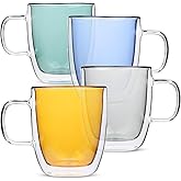 BTaT- Colored Double Walled Glass Coffee Mugs, Set of 4 (12oz, 350ml), Assorted Colors