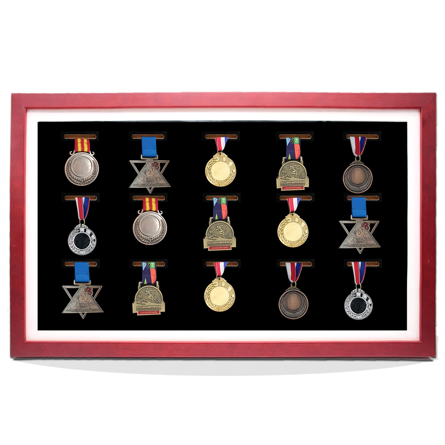 Medal Display Case, 15 Medal Display Frame, Perfect Medal Display for Runners, Marathon, RECE Winner, Soccer, Football, Gymnastics & All Sports(Red Wood)