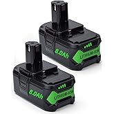 Upgrade 8000mAh Replacement for Ryobi 18V Battery High Capacity Li-Ion Batteries , P108 P104 P105 P102 P103 P109 P122 , Compatible with Ryobi 18V ONE+ System Cordless Power Tools and Charger, 2-Pack