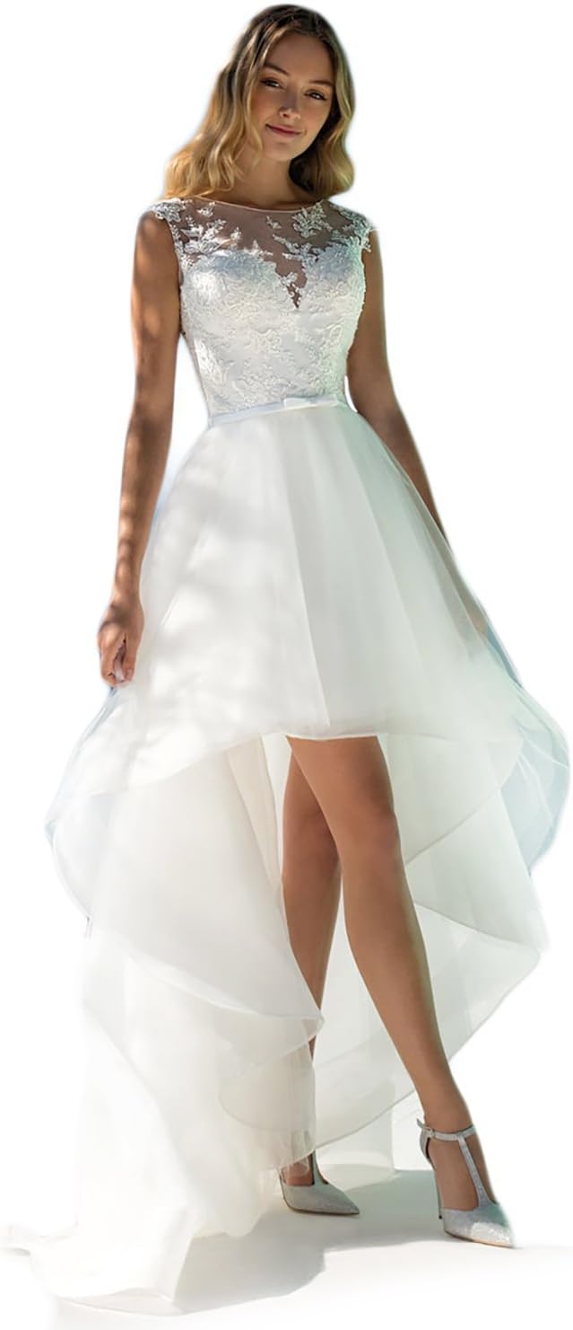 JoyVany Women Vintage 2019 Beach Summer Full Lace Applique High Low Wedding Dresses