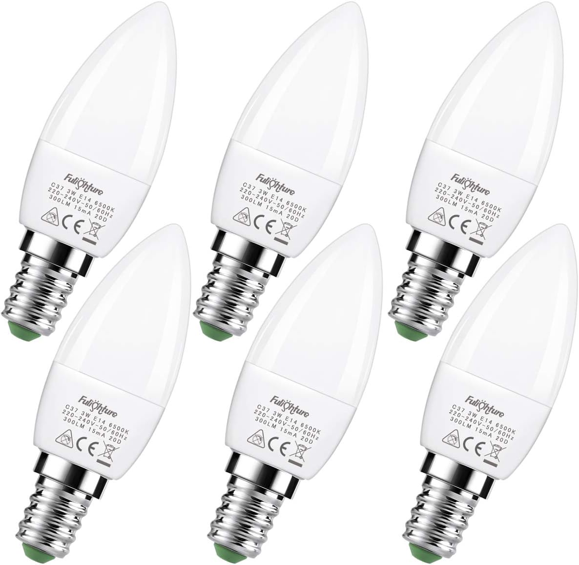 Fulighture E14 Candle Bulb 6 Pack, Cool White 6000K, 4W 400lm, Non-Dimmable, Candle Light Bulbs for Chandeliers Wall Lamps