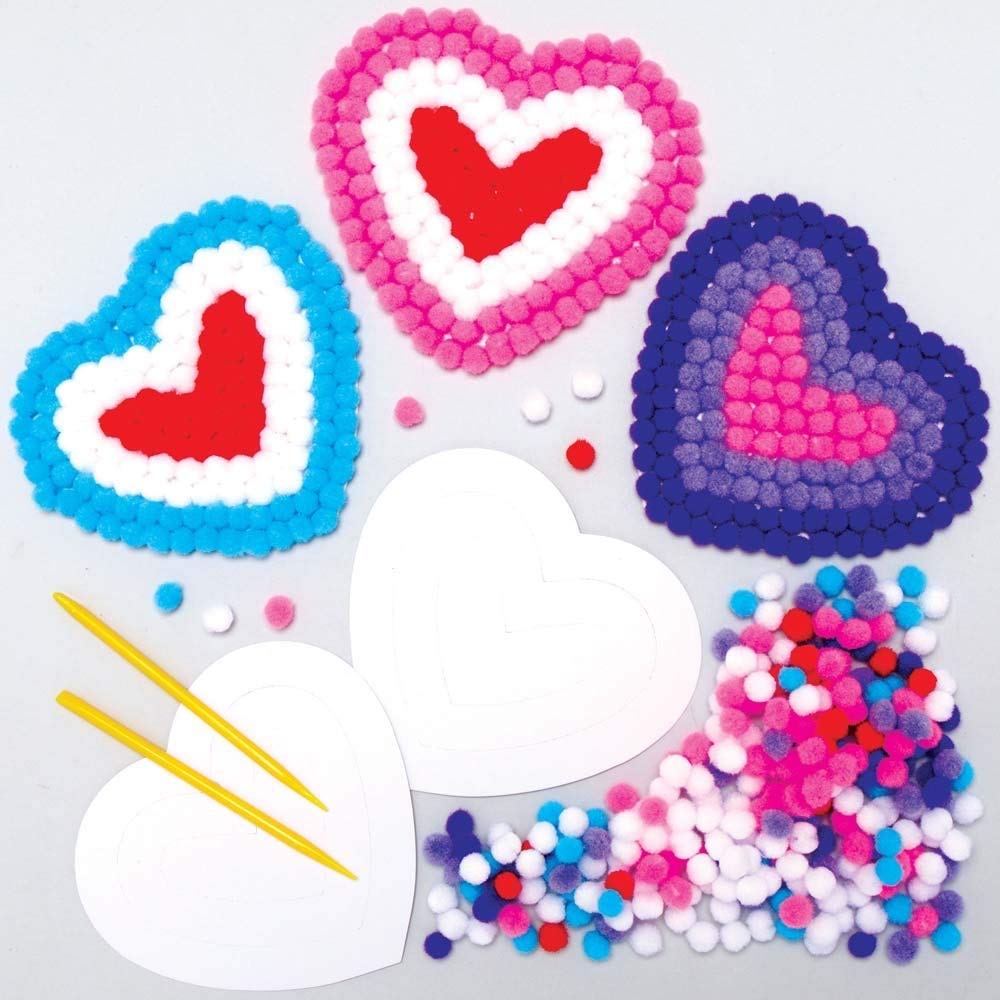 Baker Ross AX712 Heart Pom Pom Kits - Pack of 5, Creative Art and Craft Supplies for Kids to Make, Decorate and Display