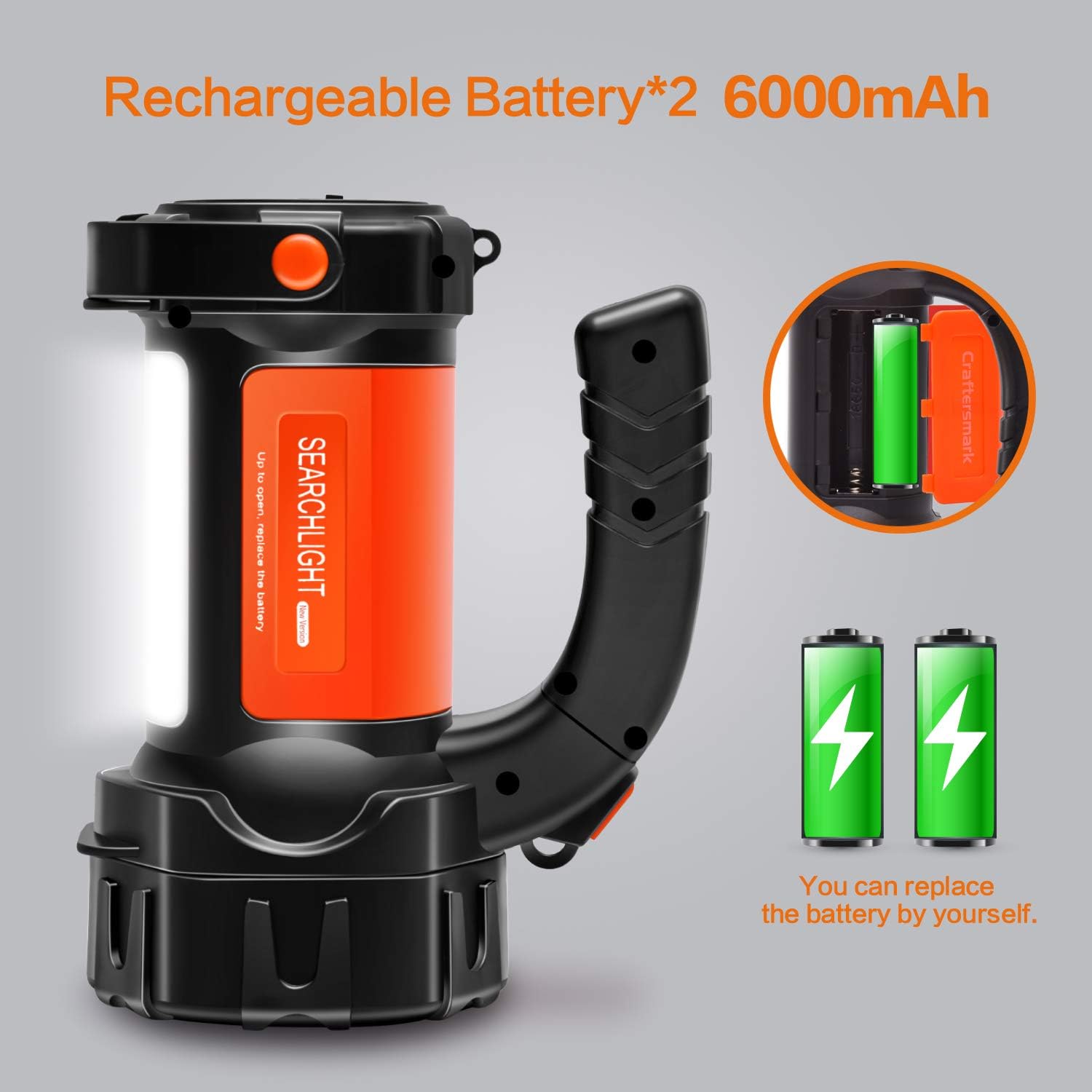 Rechargeable Spotlight, Super Bright 6000 Lumen Handheld Spotlight LED Flashlight 6000mAh Long Lasting Large Flashlight for Camping Hunting Hiking Fishing - - 