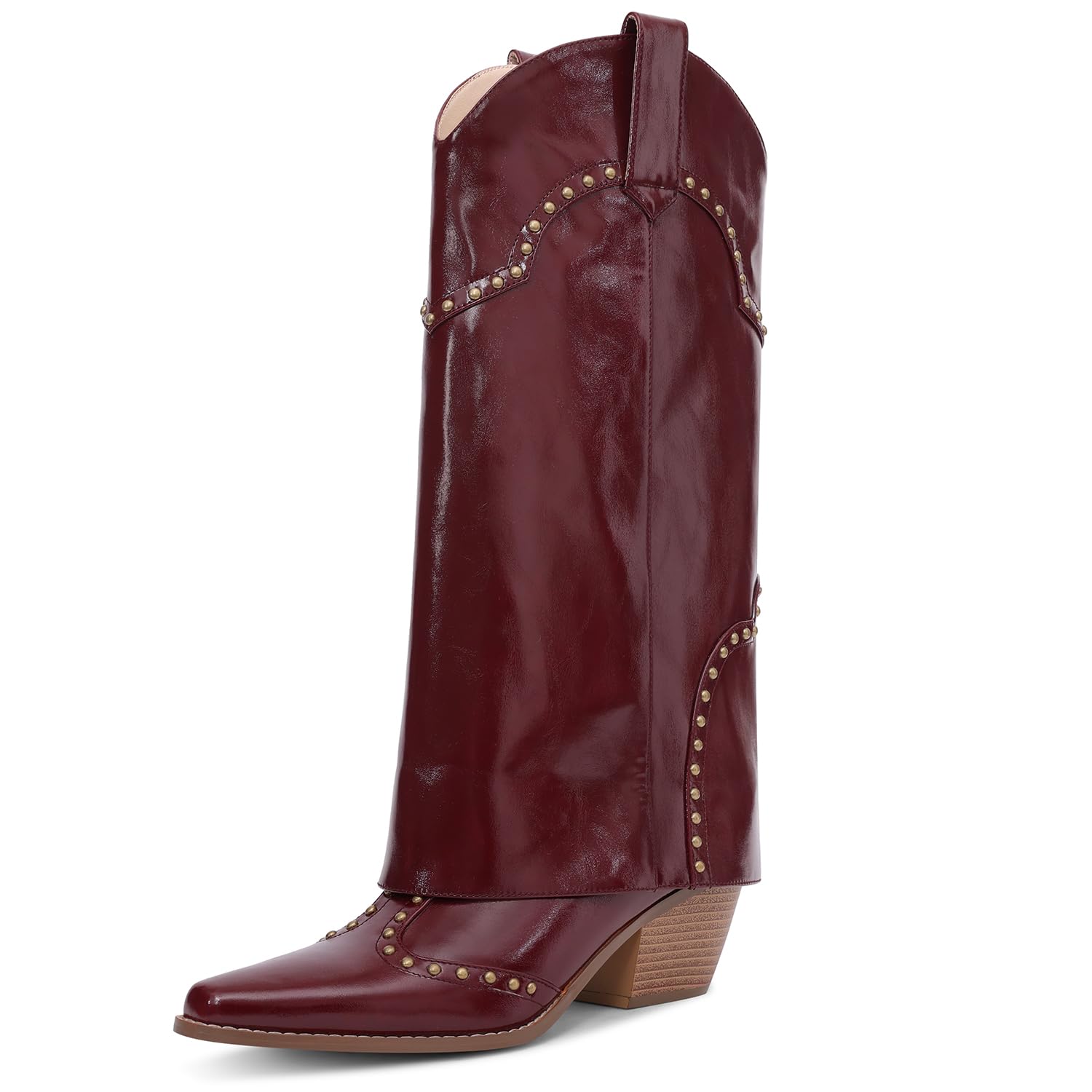 Photo 1 of RONILURN Women Shark Boots Fold Over Mid Calf Chunky Heel Snip Toe Cowboy Cowgirl Pull On Studded Boots for Women