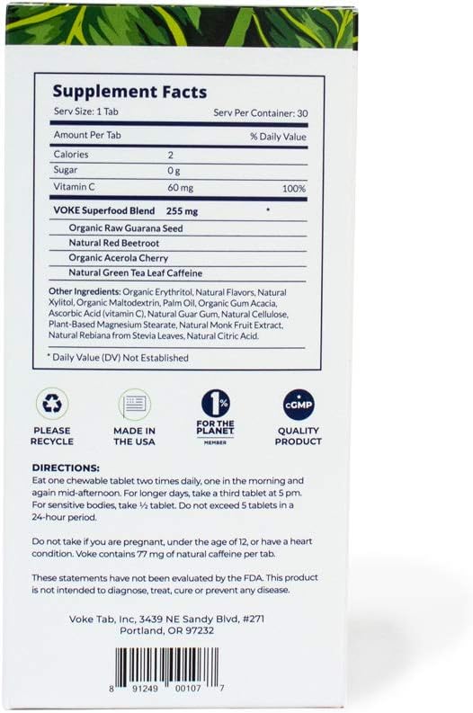 Voke Energy | Jitter-Free, All-Day Packs for Energy, Mental Focus, Upbeat Mood and Clear Thinking | 60 Chewable Superfood Tablets with Vitamin C Antioxidants | 30 Day Supply: Health & Personal Care