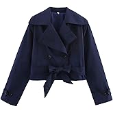 Xunger Women's Stylish Short Trench Coat Bow Belt Casual Long Sleeve Jacket Lightweight Spring Fall Windbreaker with Pockets