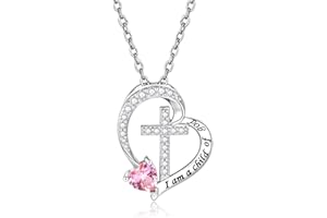 MANBU Sterling Silver Cross Necklace for Girls: Heart Birthstone I am a Child of God Pendant Religious Jewelry Baptism First Communion Confirmation Gifts for Teens