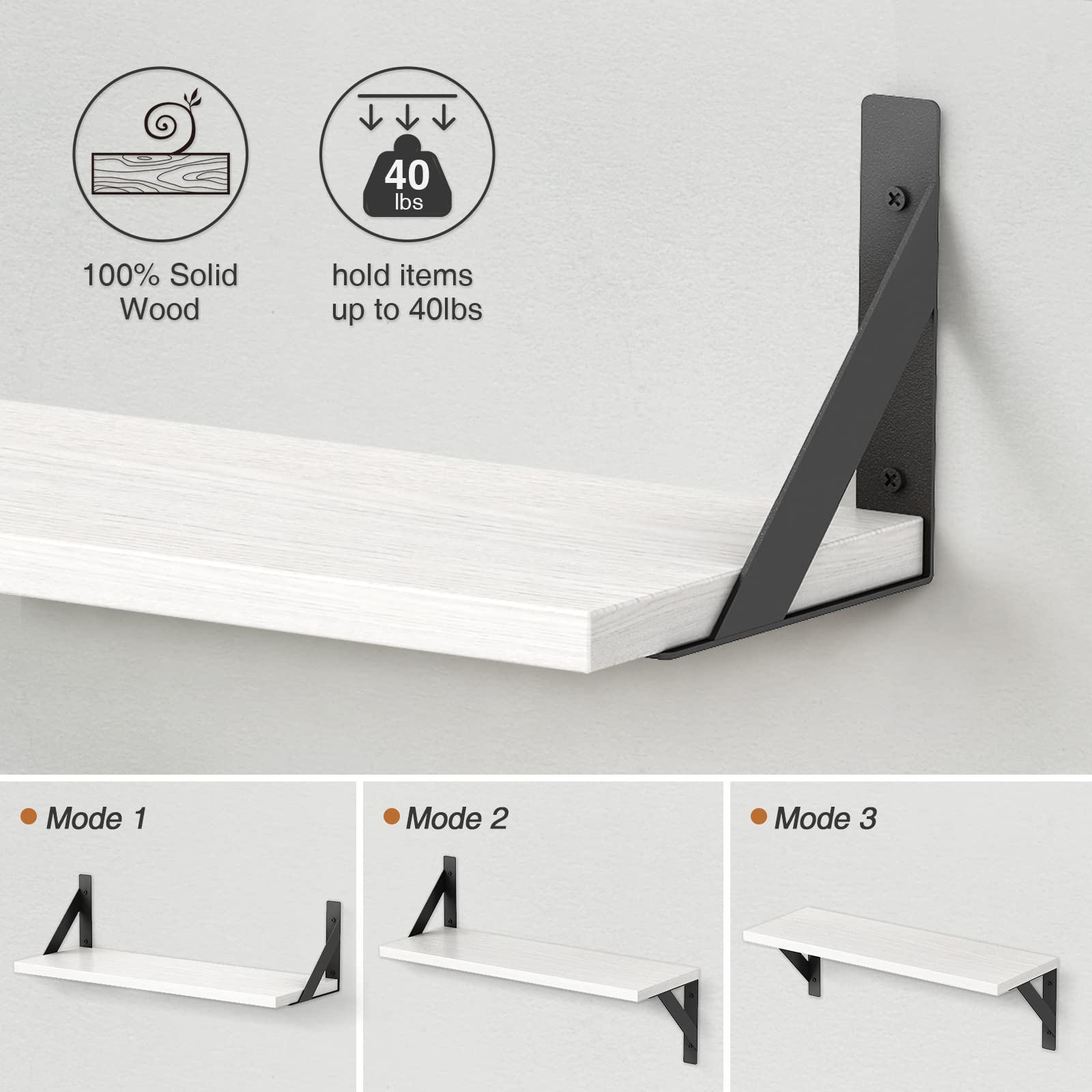 White Floating Shelves 24 inches Long Set of 3, 24 x 8 Inch Bathroom Wall Shelves Over Toilet for Towels, Modern Wood Mounted Storage Shelf for Bedroom Living Laundry Room Kitchen Office Closet