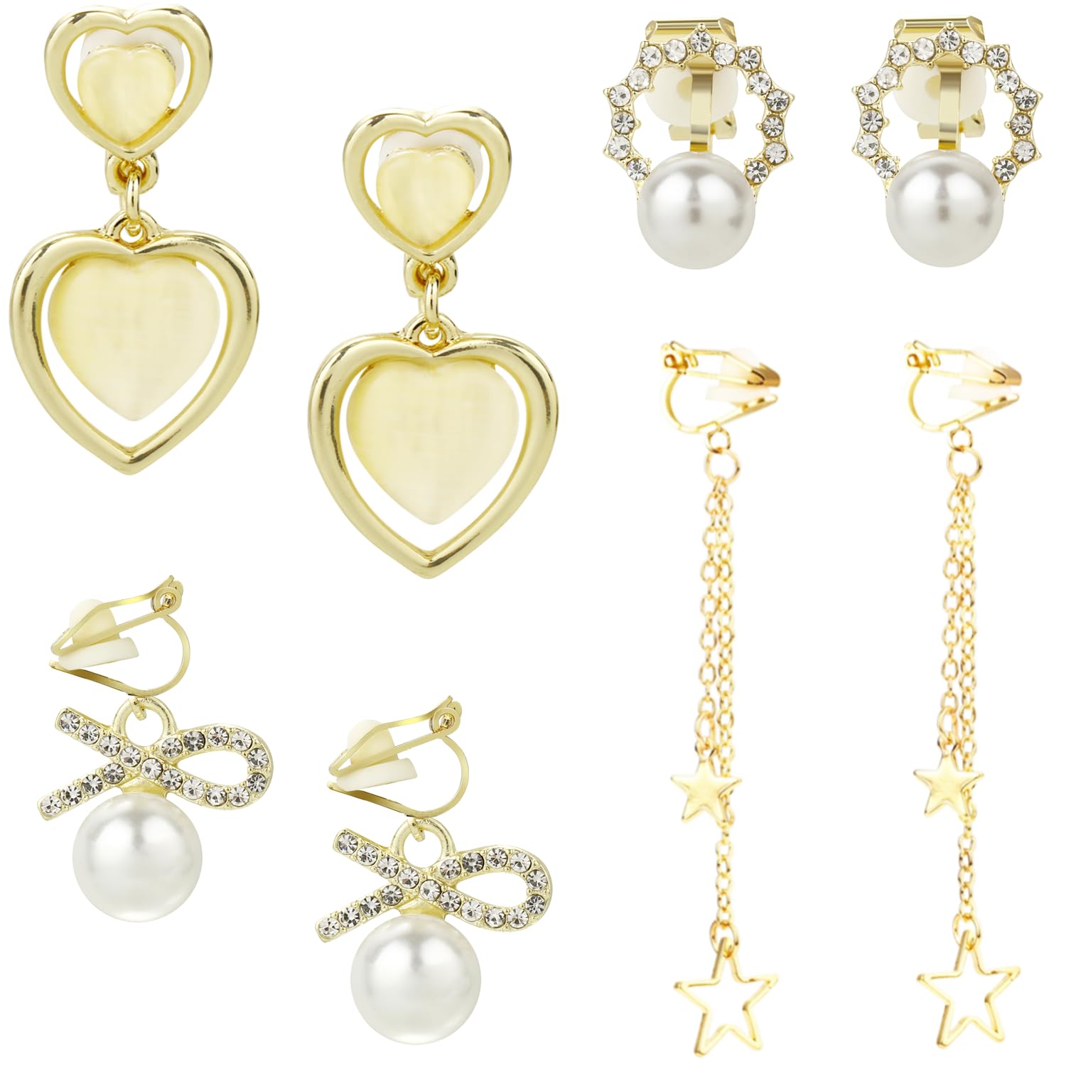 Elicola 4 Pairs Clip On Dangle Earrings, Not Pierced Star Hollow Ball Leaves Cubic Zirconia Drop Dangle Earrings Set for Womens, Gold