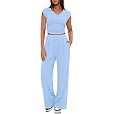 BTFBM Womens 2 Piece Outfits Spring 2026 V Neck Cap Sleeve Ruched Top Wide Leg Pants Sets Rib Knit Lounge Matching Set
