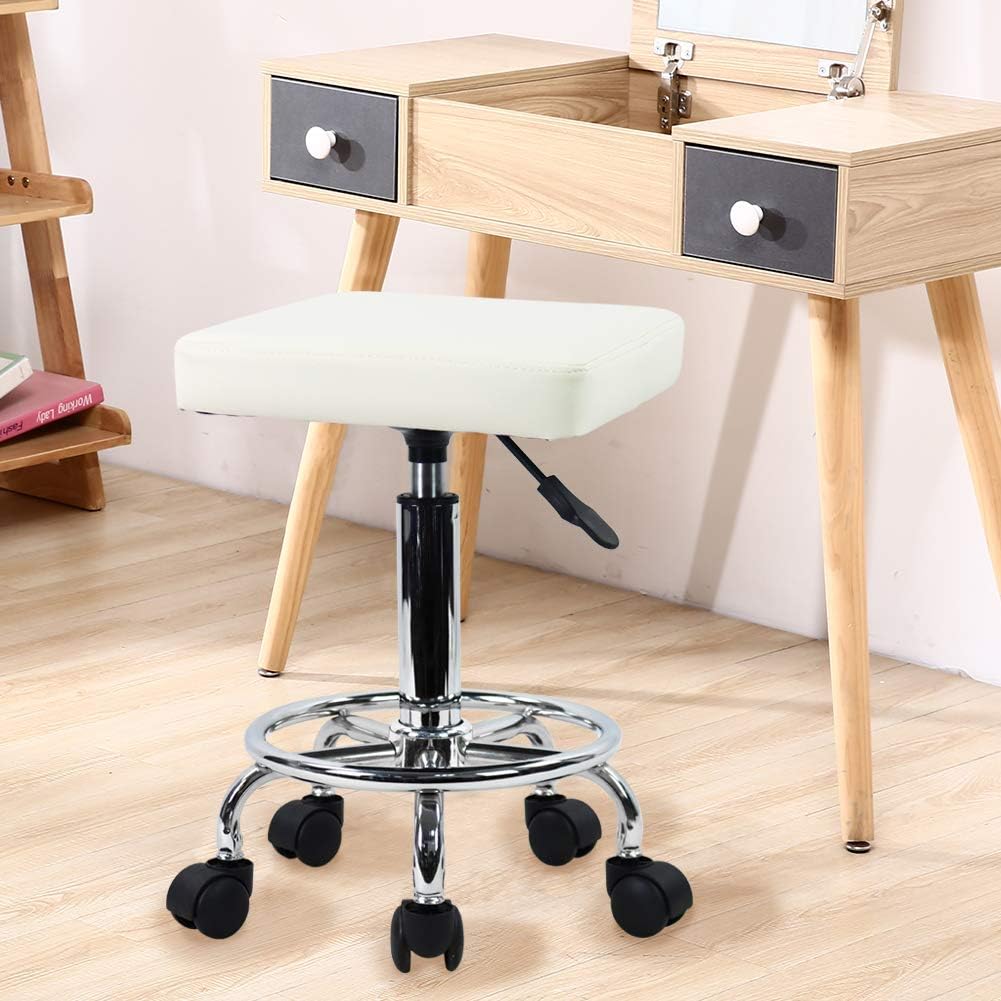 KKTONER Square Rolling Stool with Foot Rest PU Leather Height Adjustable Medical Spa Drafting Salon Tattoo Work Swivel Stools Task Chair Small (White): Kitchen & Dining