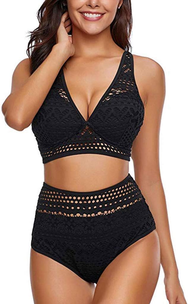 Women Swimwear Two Pieces Bathing Suit Crochet Hollow Lace Beachwear High Waist V Neck Bikini Set Swimsuit