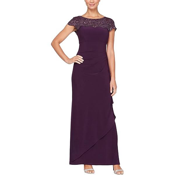 Alex Evenings Women's Plus Size Long Cold Shoulder Dress with Ruched Skirt,  Black, 14W at Amazon Women's Clothing store