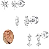 Angelady Flat Back Earrings Set for Women, Sterling Silver Flat Back Stud Earring Hypoallergenic Earrings, Dainty Gold Cartilage Earring Helix Piercing Jewelry for Women 3 Pairs