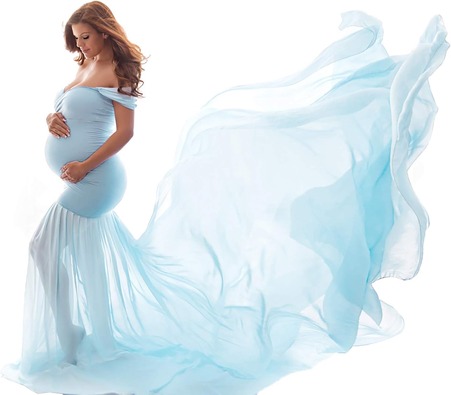 COSYOU Black Maternity Dress Off Shoulder Cotton Tops with Long Chiffon Train Maxi Dress for Maternity Shoot (Black, One Size) at  Women’s Clothing store