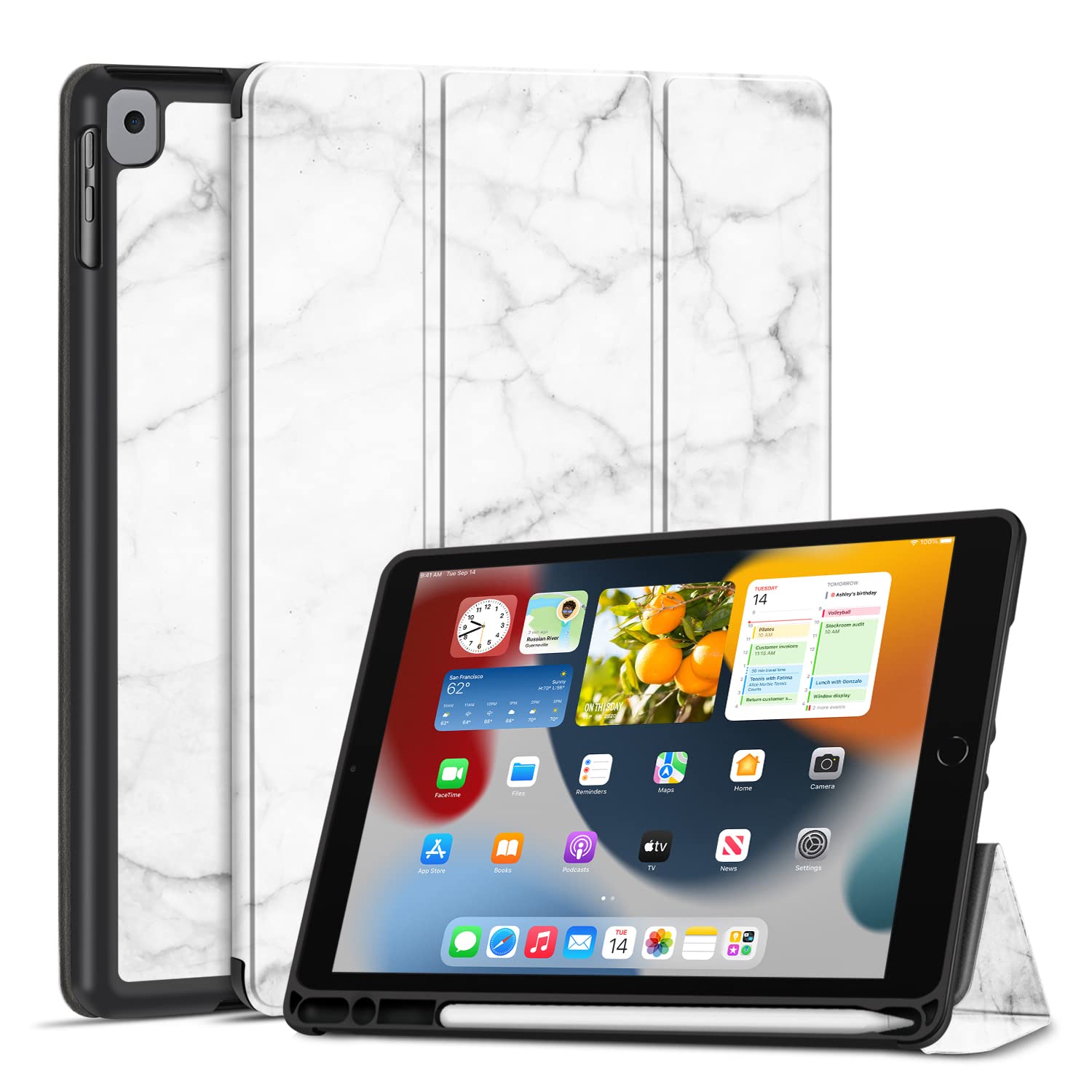 TNP Case for iPad 9th Gen 2021/iPad 8th 2020/iPad 7th 2019 Generation Protective Cover with Pencil Holder - 10.2 inch Slim Soft TPU Trifold Stand PU Leather Folio Auto Sleep Wake - Marble White — image 1