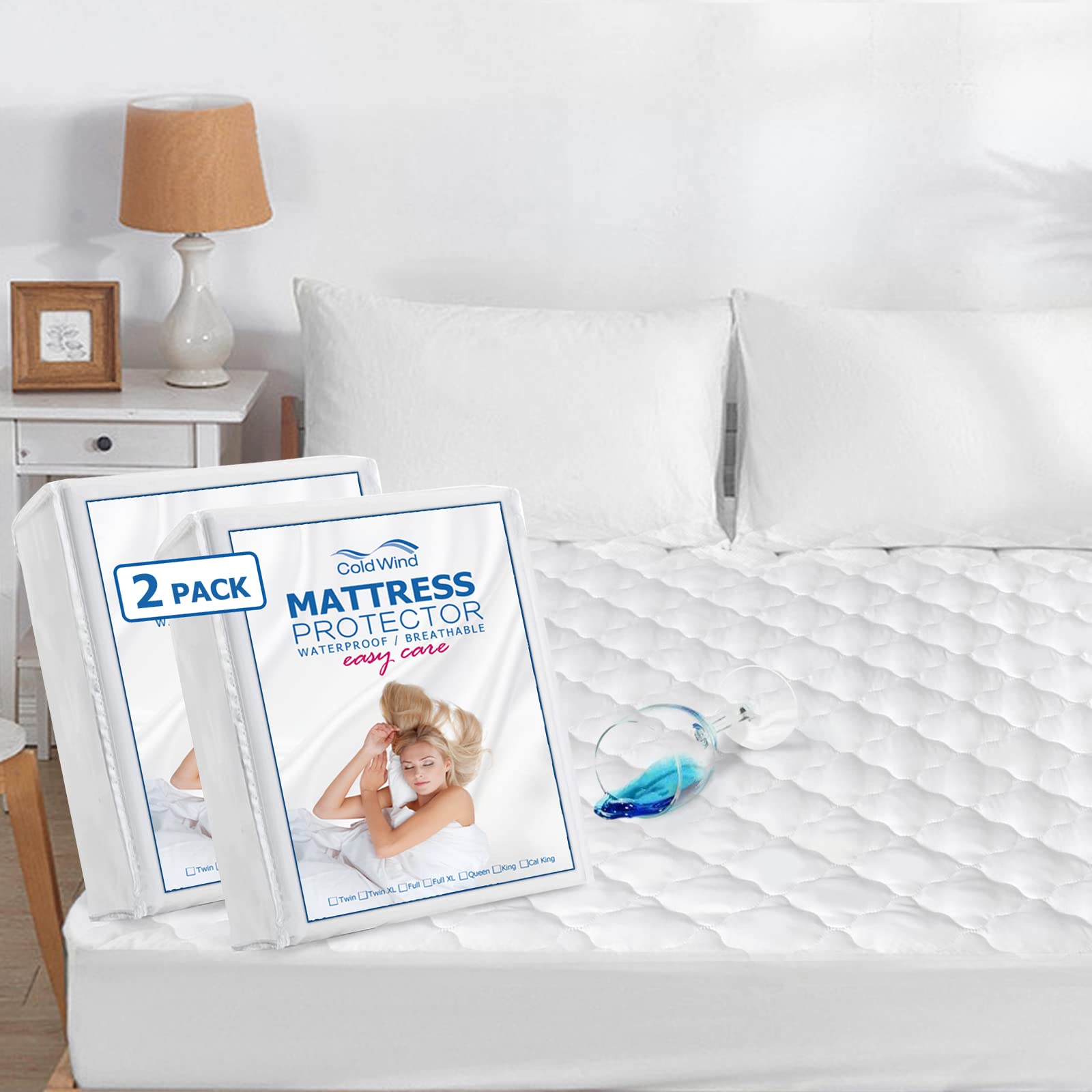 Photo 1 of 2 Pack Full Mattress Pad Waterproof Mattress Protector, Quilted Full Size Mattress Cover Fitted for Adults, Deep Pocket Mattress Protector Up to 18 inches, White (Cover Only)