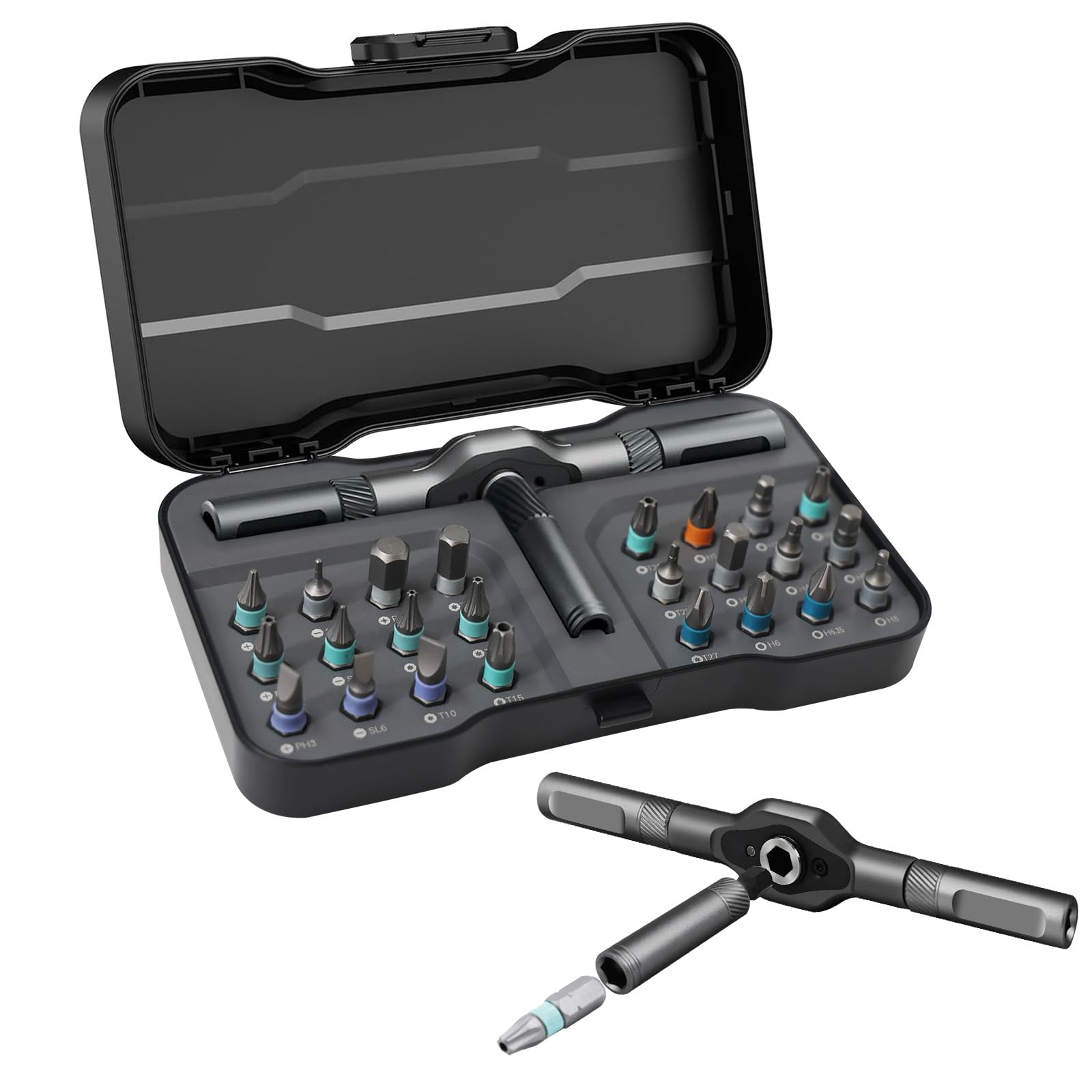 Photo 1 of 24 in 1 Magnetic Screwdriver Set, Ratchet Mini Screwdriver Set with Multi Bits, Portable Screwdriver Sets Detachable T Handle with Storage Case Repair Tool Kit for Furniture, Computer, Bicycle or DIY