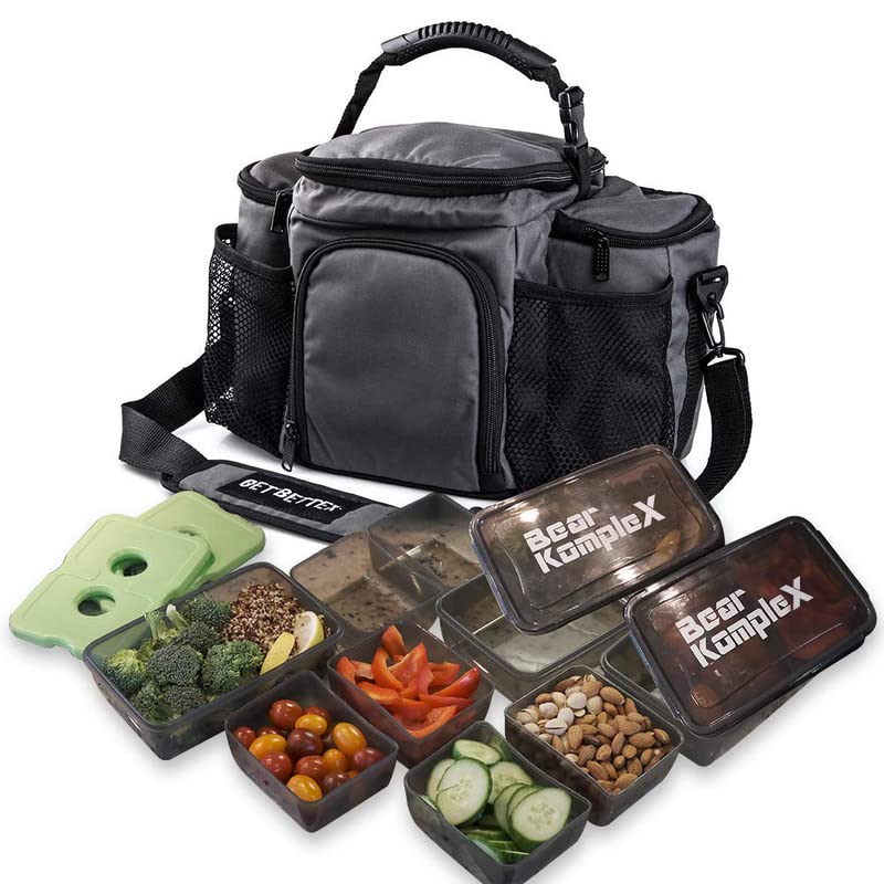 Bear KompleX Insulated Meal Prep Management Lunch Bag, 6 Compartment Lunch Box Cooler Tote with 3 Microwave Dishwasher Safe Portion Control Containers, Reusable Ice Pack, Heavy Duty Strap-14.5 x 8.25
