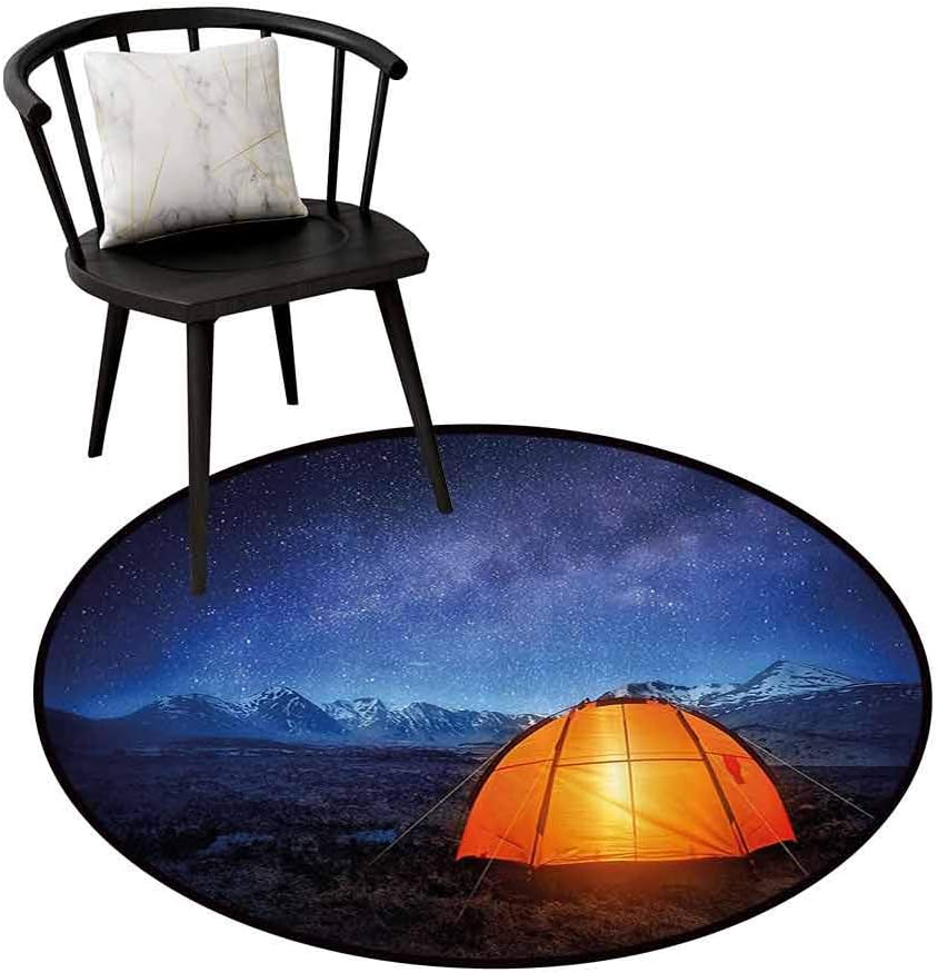 Anti-dust Round Rug Camper for Bathroom A Tent Glows Under Night Sky Full of Stars Exploring Universe Life Picture Dark Blue Orange D47(120cm)