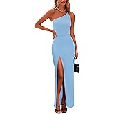 PRETTYGARDEN Women's Summer Formal Wedding Guest Dresses One Shoulder Spaghetti Strap High Slit Maxi Bodycon Dress