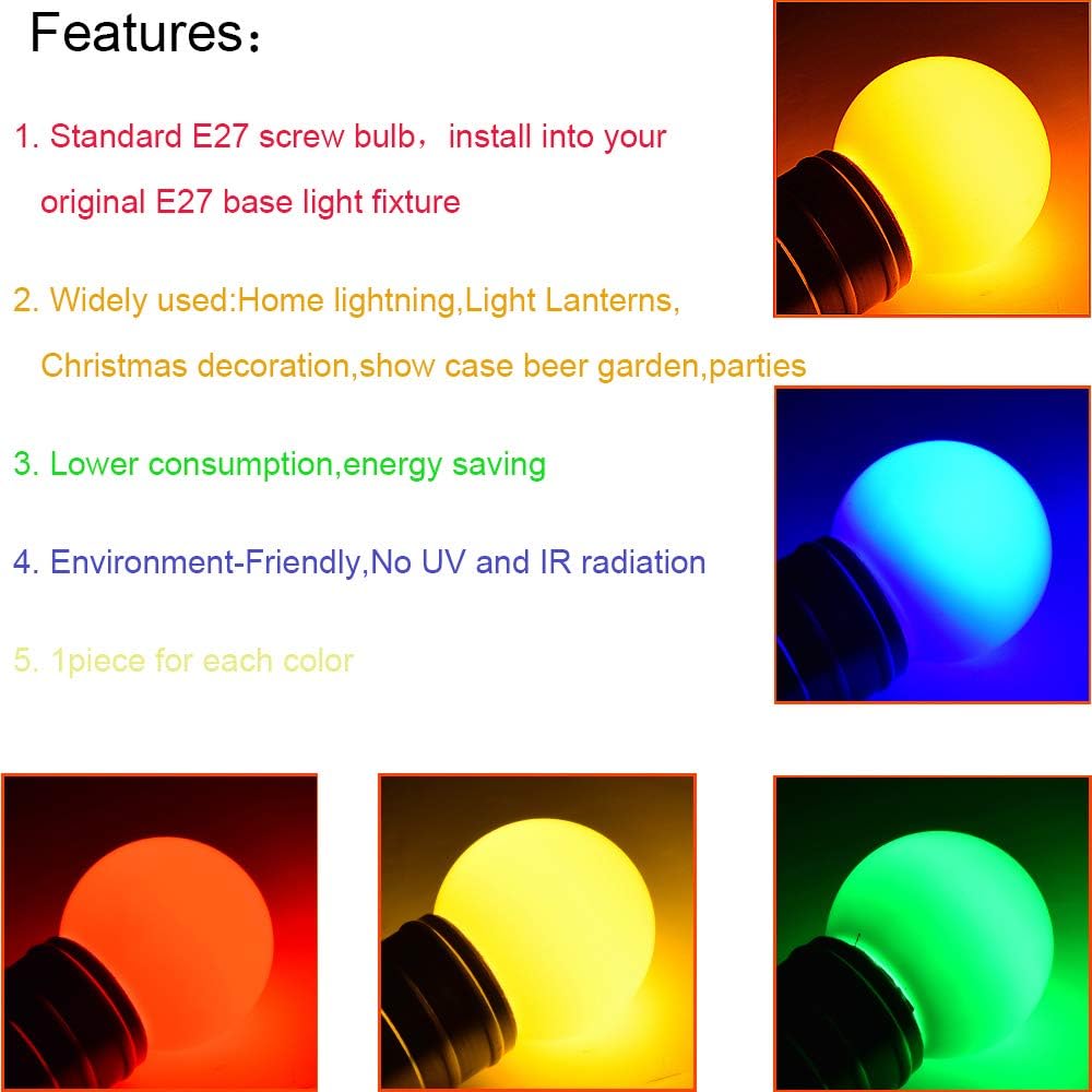 HUAMu 10Pack Colored Bulbs LED 2W E27 G45 Lighting Bulbs,LED Coloured GolfBall Bulb - Image 4