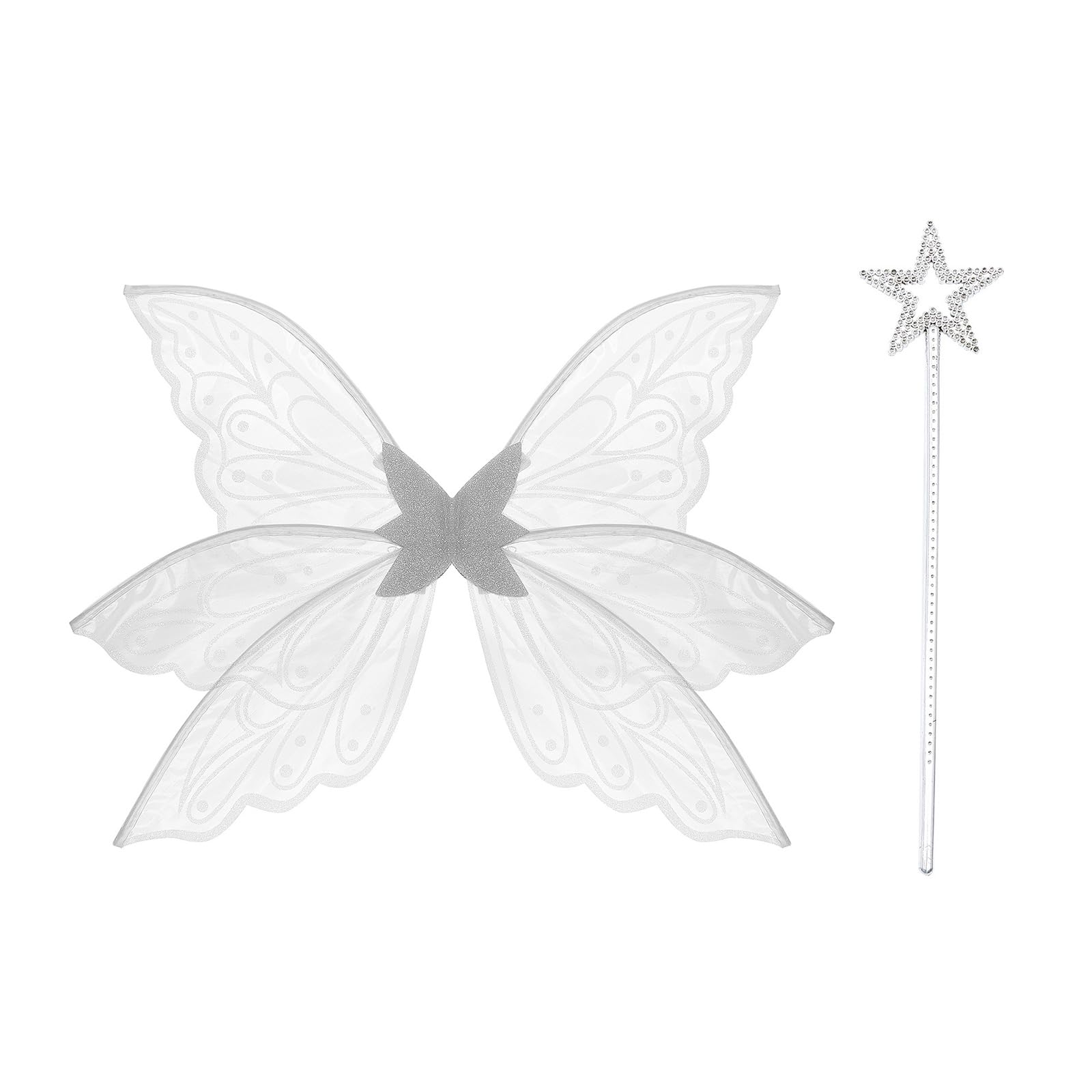 ESSECMBS 2PCS Light Up Butterfly Wings & Magic Wand Set for Women LED Lighted Fairy Wings Stick for Halloween Cosplay (White, 58cm*48cm)