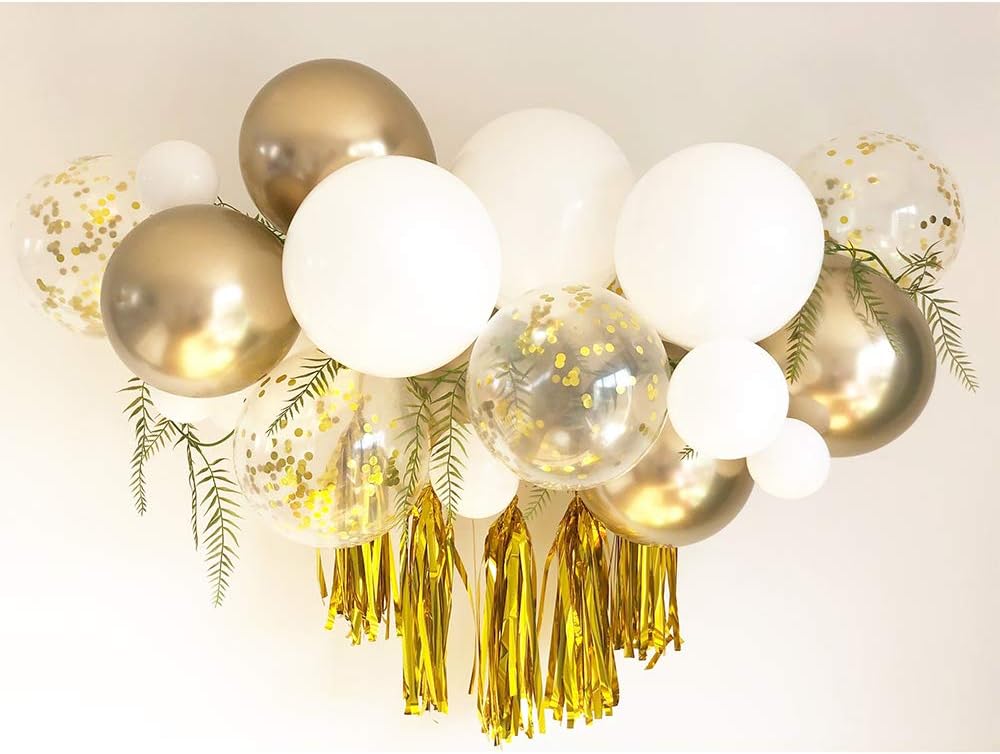 Balloon Garland + Tassel Garland Kit - Balloon Arch Party Backdrop Tassel Garland Latex Balloon Clear Confetti Balloon Mix Party Decoration (White/Gold)