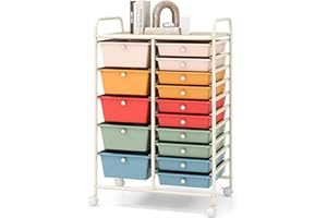 COSTWAY 15 Drawers Storage Cart, Multipurpose Rolling Utility Cart on Wheels w/Lockable Wheels & Removable Drawers, Mobile Tools Scrapbook Paper Organizer Cart for Office School Home, Macaron