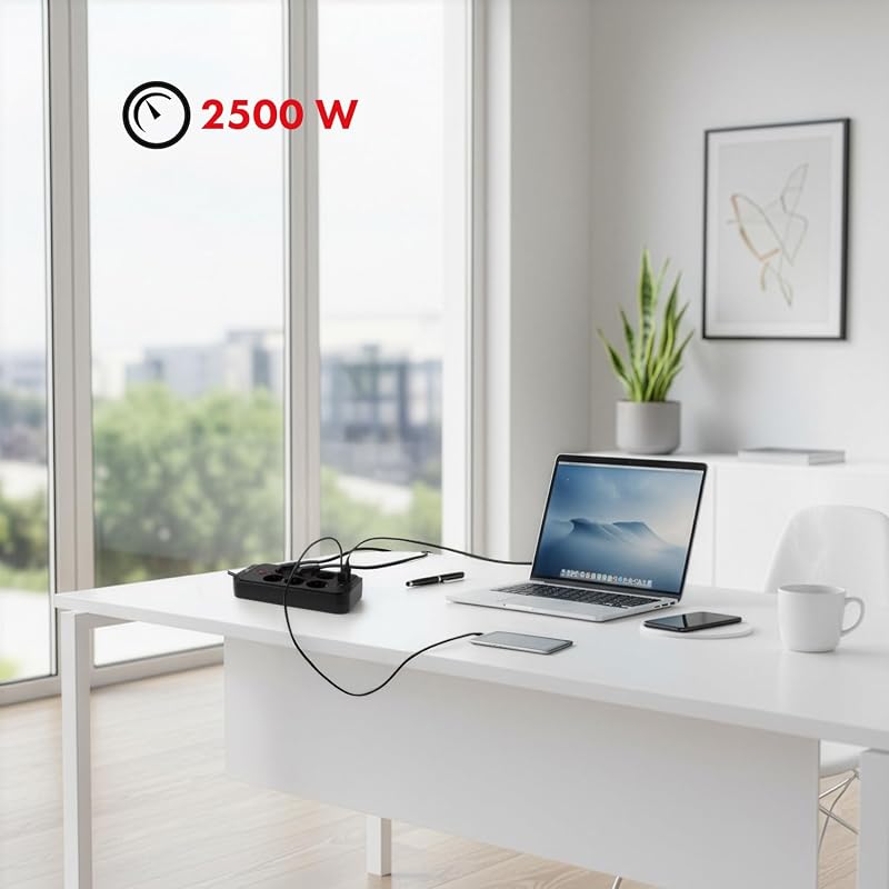 Régua de Energia MCE389/391 | 6 x 4xConectores USB 1xUSB-C 2500W | Cabo de Extensão de Secretária com Interruptor | Portas de 45° | Montagem de Parede (Preto, 1,5 m)