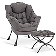 LITA Lazy Chair with Ottoman, Modern Accent Leisure Upholstered Sofa Chair, Contemporary Lounge Reading Chair with Armrests and a Side Pocket for Living Room, Bedroom & Small Space, Dark Grey