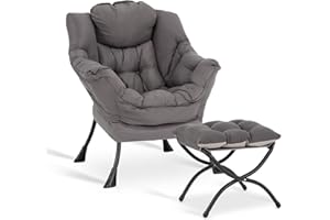 LITA Lazy Chair with Ottoman, Modern Accent Leisure Upholstered Lazy Sofa Armchair, Contemporary Lounge Reading Chair with Armrests and a Side Pocket for Living Room, Bedroom & Small Space, Dark Grey
