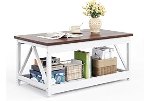 KitMent Coffee Table, 39.4'' Farmhouse Coffee Table with Slatted Storage Shelf & V-Shape Frame, 2-Tier Wood Center Table for 
