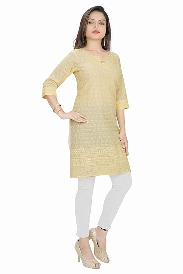 Casual & Daily Wear Cotton Chikankari Embroidery Kurti Dress for ladies and Girls in Yellow.