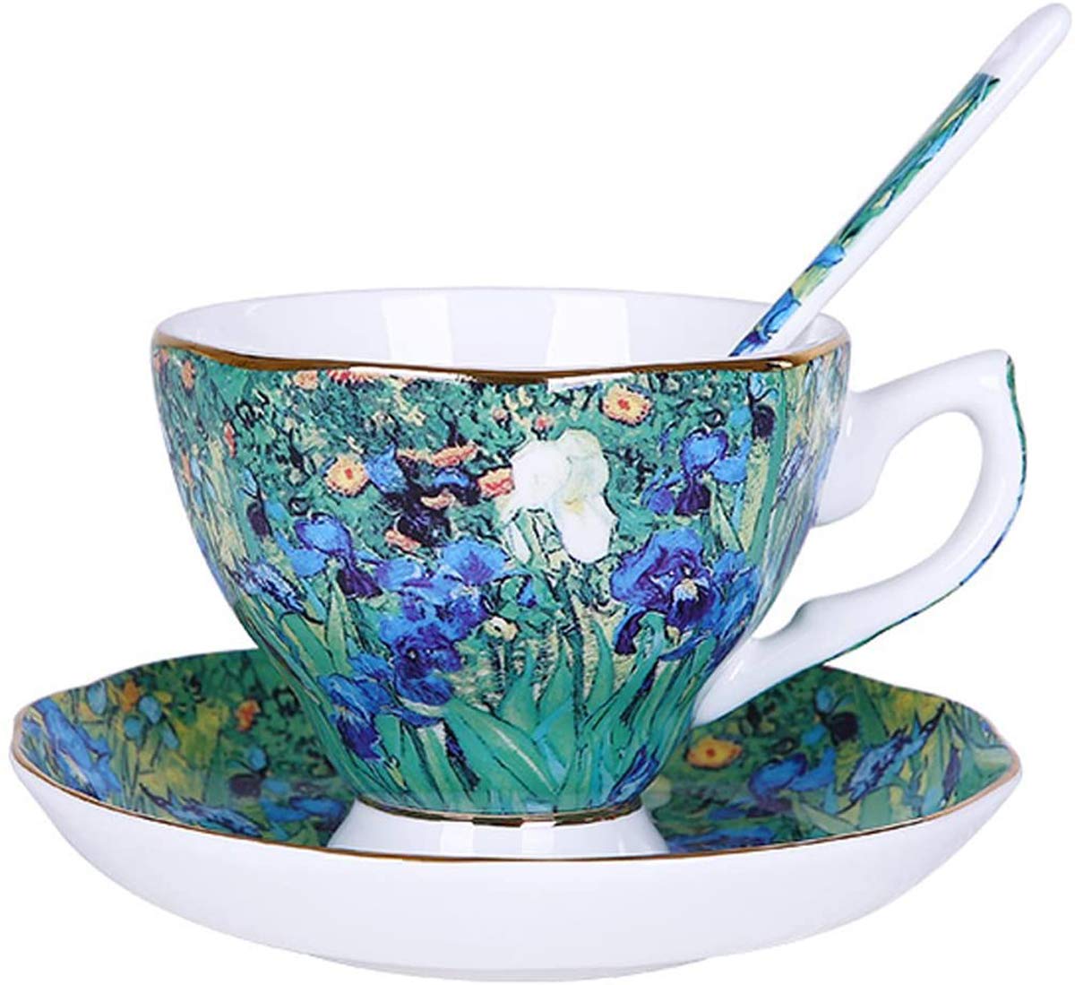 Eplze YBK Tech Bone China Cup and Saucer Set, 7oz Teacup - Design Inspired by Van Gogh's Paintings (Iris Flower) — image 1