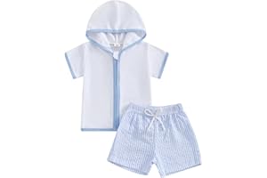 MOBBDOW Toddler Baby Boy Girl Swim Cover Up Towel Terry Zipper Hooded Tops Seersucker Gingham Shorts Set Bathing Suit Coverup