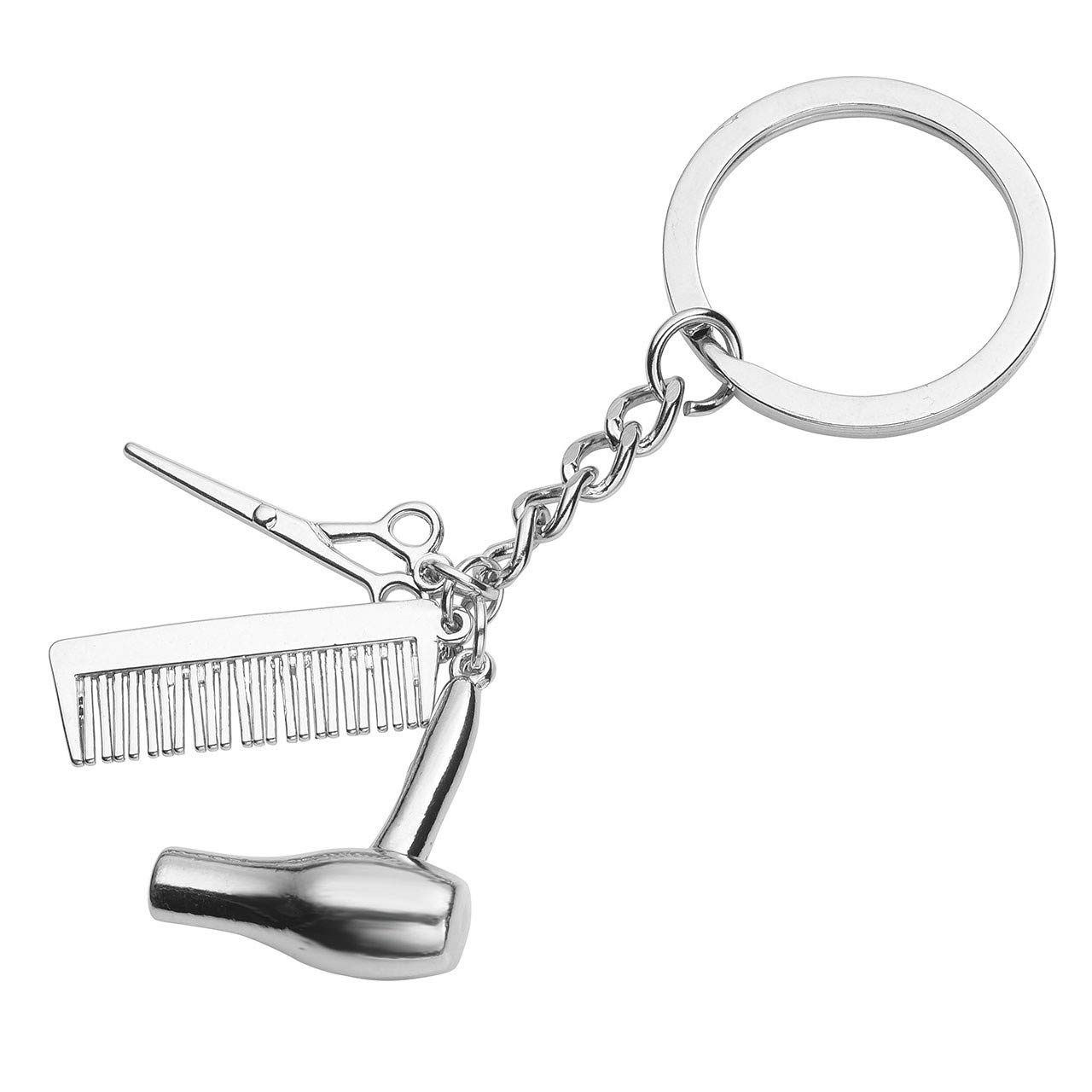 JSDDE Hair Salon Tools Keyring Hair Stylist Keychain with Hair Dryer Scissors Comb Charm Silver